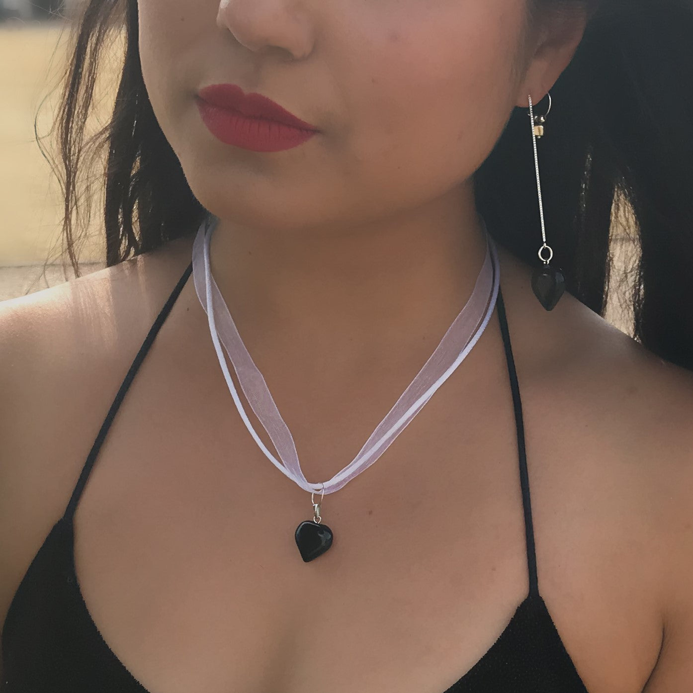 Black Onyx Necklace, White Ribbon Necklace, Gemstone Necklace, Black and White | by nlanlaVictory-4